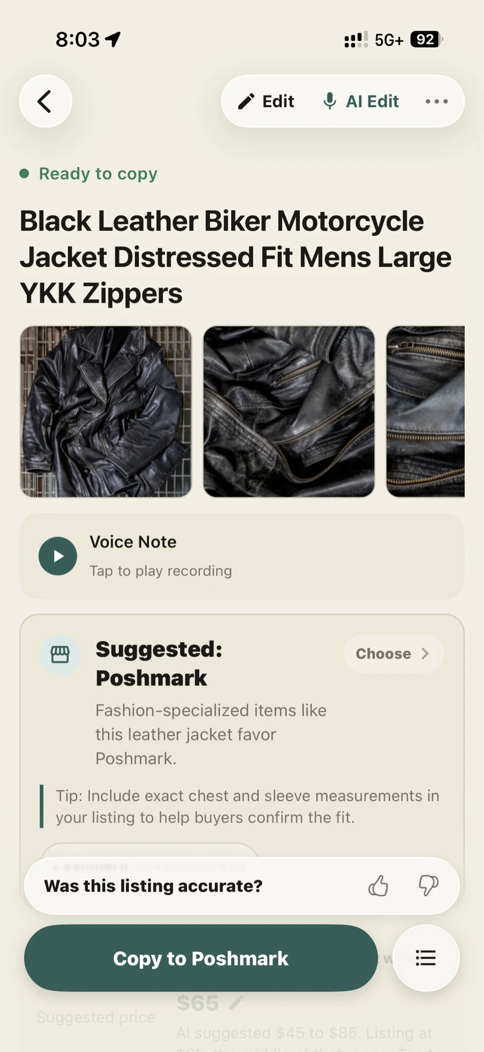Shelvio generated draft showing the listing title, product photos, voice note playback, and a suggested marketplace.
