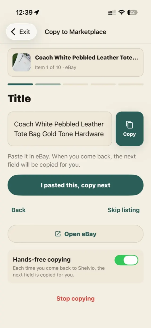Shelvio guided copy flow showing a listing field ready to copy into a marketplace app.
