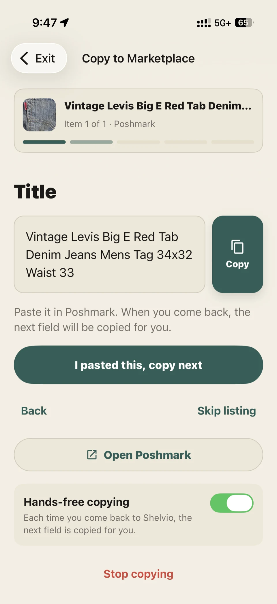 Shelvio guided copy flow showing a listing field ready to copy into a marketplace app.