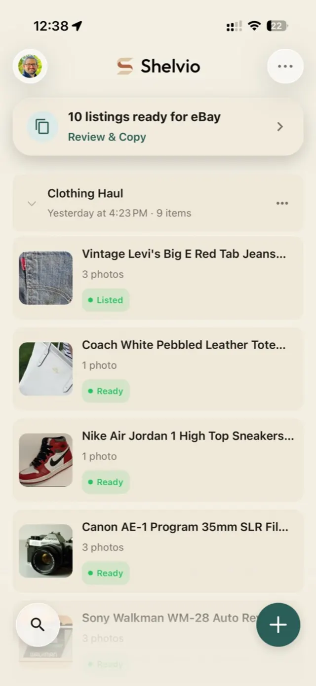 Shelvio listings dashboard showing multiple captured items grouped into a batch.