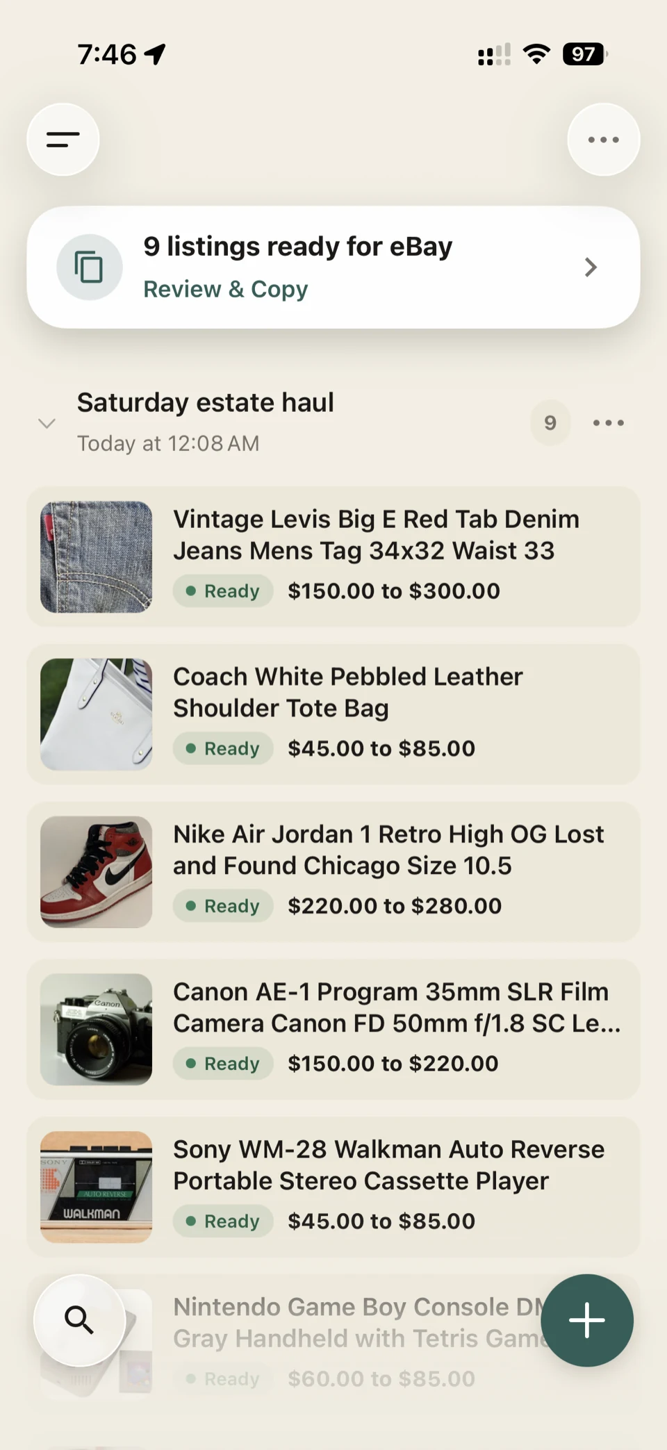 Shelvio listings dashboard showing a named batch of generated listings with price ranges, ready to review and copy.